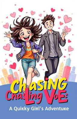 A vibrant and eye-catching book cover featuring a confident and quirky girl with wild hair, energetically chasing after a handsome and stylish Korean guy