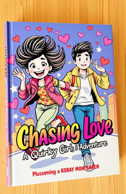 A vibrant and eye-catching book cover featuring a confident and quirky girl with wild hair, energetically chasing after a handsome and stylish Korean guy