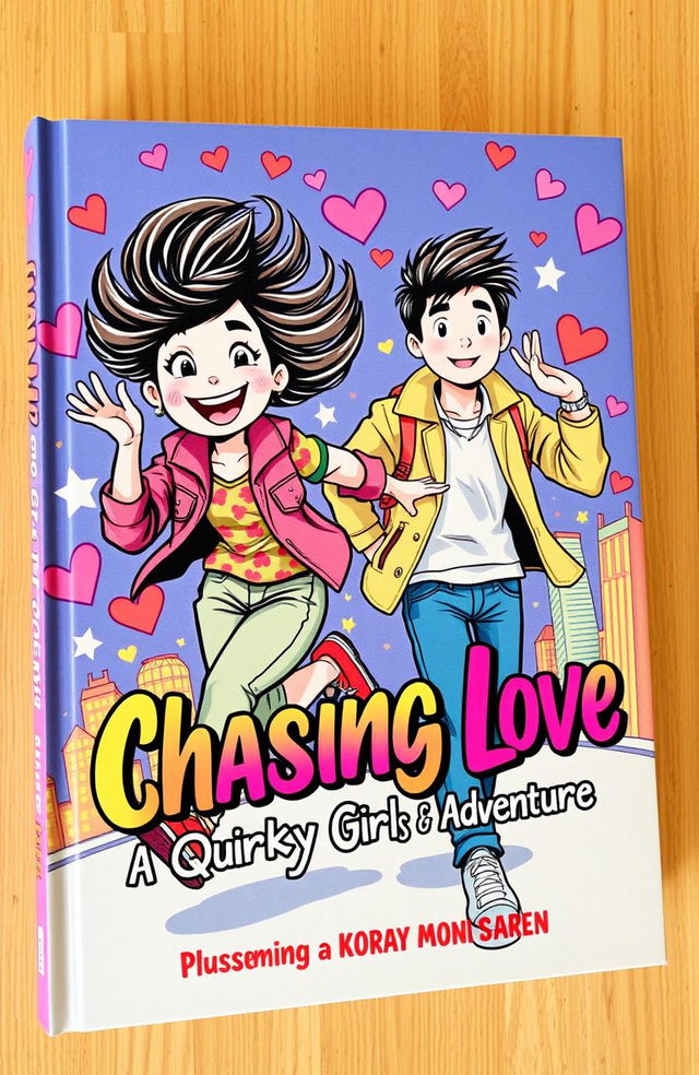 A vibrant and eye-catching book cover featuring a confident and quirky girl with wild hair, energetically chasing after a handsome and stylish Korean guy