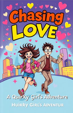 A vibrant and eye-catching book cover featuring a confident and quirky girl with wild hair, energetically chasing after a handsome and stylish Korean guy