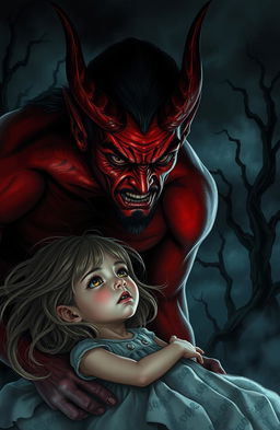 A dramatic scene depicting a man resembling a devil, with red skin, sharp horns, and devilish features, looming over a fragile-looking girl with delicate features and flowing hair
