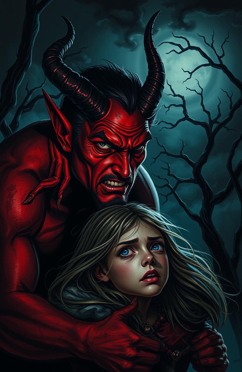 A dramatic scene depicting a man resembling a devil, with red skin, sharp horns, and devilish features, looming over a fragile-looking girl with delicate features and flowing hair