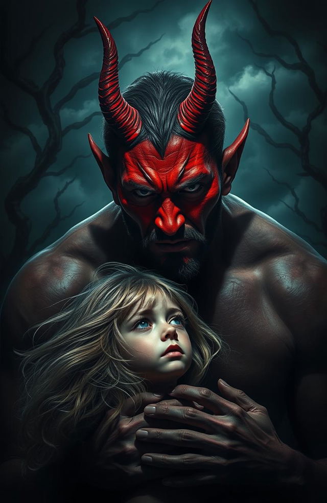 A dramatic scene depicting a man resembling a devil, with red skin, sharp horns, and devilish features, looming over a fragile-looking girl with delicate features and flowing hair