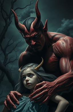 A dramatic scene depicting a man resembling a devil, with red skin, sharp horns, and devilish features, looming over a fragile-looking girl with delicate features and flowing hair