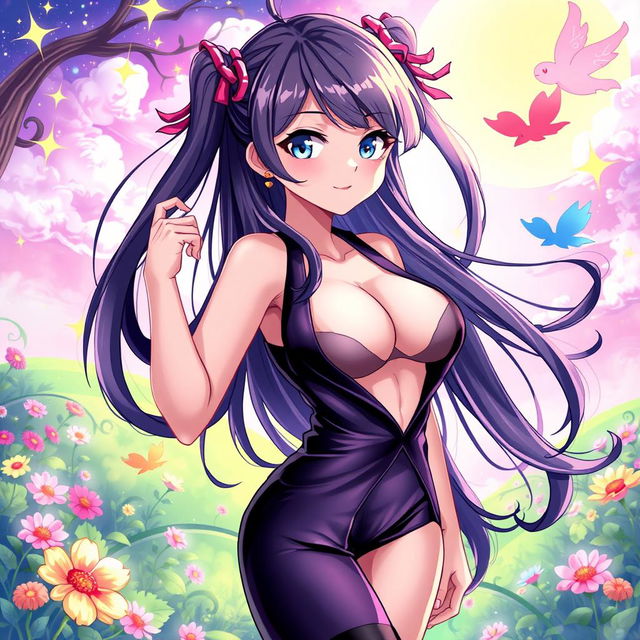 A vibrant and colorful anime-style illustration featuring an attractive, confident female character with long flowing hair, wearing a stylish, revealing outfit