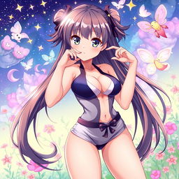 A vibrant and colorful anime-style illustration featuring an attractive, confident female character with long flowing hair, wearing a stylish, revealing outfit