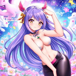 A vibrant and colorful anime-style illustration featuring an attractive, confident female character with long flowing hair, wearing a stylish, revealing outfit