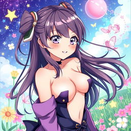 A vibrant and colorful anime-style illustration featuring an attractive, confident female character with long flowing hair, wearing a stylish, revealing outfit