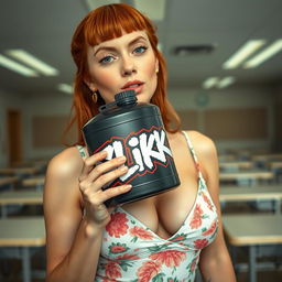 A close-up shot of a gorgeous redheaded female with a large chest wearing a floral pattern sundress that accentuates her figure