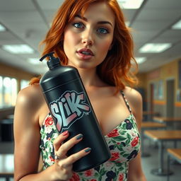 A close-up shot of a gorgeous redheaded female with a large chest wearing a floral pattern sundress that accentuates her figure