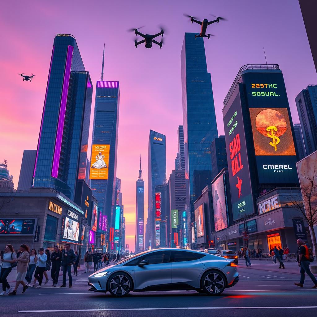 A futuristic cityscape at dusk, with soaring skyscrapers featuring vibrant neon lights and digital billboards