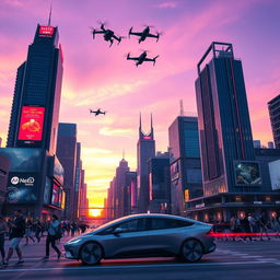 A futuristic cityscape at dusk, with soaring skyscrapers featuring vibrant neon lights and digital billboards