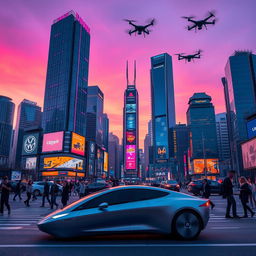 A futuristic cityscape at dusk, with soaring skyscrapers featuring vibrant neon lights and digital billboards