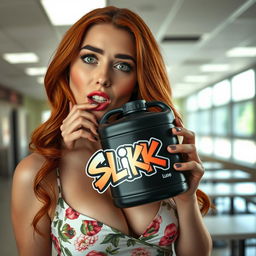 A close-up shot of a gorgeous female redhead with a captivating expression, wearing a floral pattern sundress that elegantly highlights her large chest and cleavage