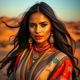 A stunning Moroccan woman with beautiful features, wearing traditional Moroccan attire
