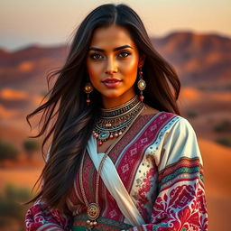 A stunning Moroccan woman with beautiful features, wearing traditional Moroccan attire