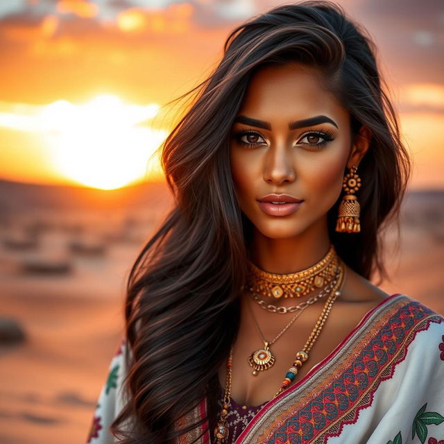 A stunning Moroccan woman with beautiful features, wearing traditional Moroccan attire