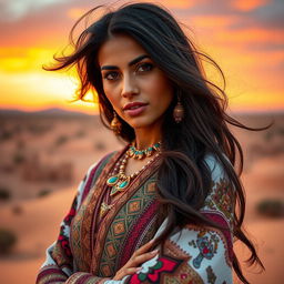 A stunning Moroccan woman with beautiful features, wearing traditional Moroccan attire