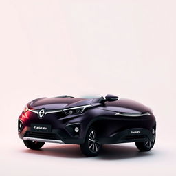 A simple and elegant design of a Tiago EV car, showcasing its sleek body in a midnight black plum color