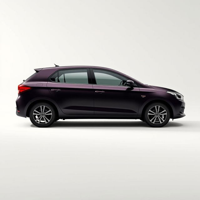 A simple and elegant design of a Tiago EV car, showcasing its sleek body in a midnight black plum color