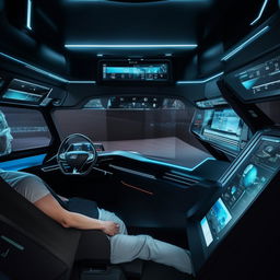 Inside the driver's cabin of a state-of-the-art, futuristic van, complete with high-tech controls and sleek interior design.