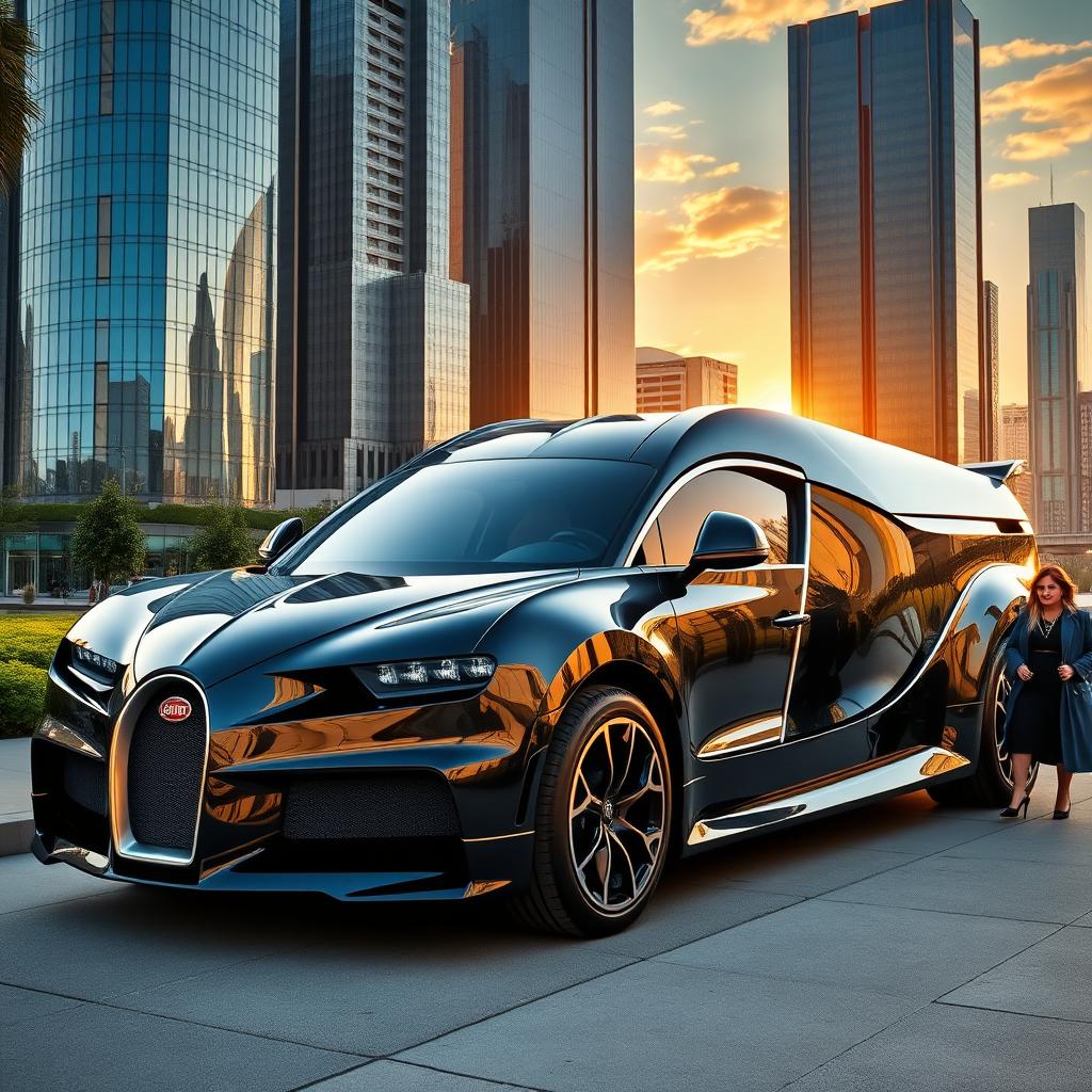 A stunning Bugatti truck, showcasing its signature sleek, aerodynamic design, powerful stance, and luxurious finishes