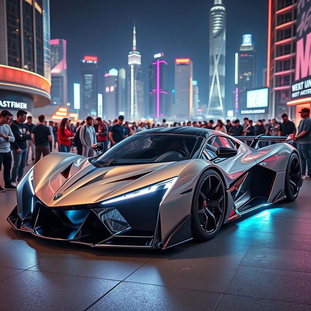 A heavily modified Devel Sixteen supercar, showcasing its extreme design with sharp angles, an aggressively low profile, and an eye-catching two-tone color scheme