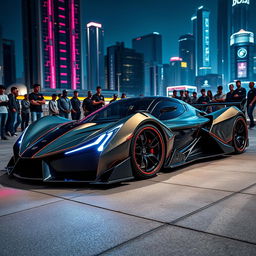 A heavily modified Devel Sixteen supercar, showcasing its extreme design with sharp angles, an aggressively low profile, and an eye-catching two-tone color scheme