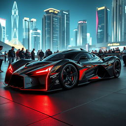 A heavily modified Devel Sixteen supercar, showcasing its extreme design with sharp angles, an aggressively low profile, and an eye-catching two-tone color scheme