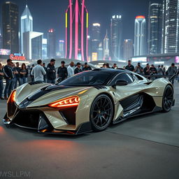A heavily modified Devel Sixteen supercar, showcasing its extreme design with sharp angles, an aggressively low profile, and an eye-catching two-tone color scheme