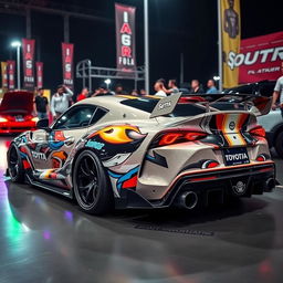 A modified Toyota Supra, showcasing its iconic design enhanced with aggressive body kits, a wide stance, and custom paintwork that contrasts bold colors and intricate graphics