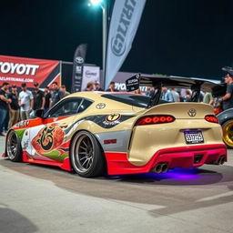 A modified Toyota Supra, showcasing its iconic design enhanced with aggressive body kits, a wide stance, and custom paintwork that contrasts bold colors and intricate graphics