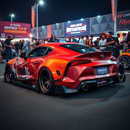 A modified Toyota Supra, showcasing its iconic design enhanced with aggressive body kits, a wide stance, and custom paintwork that contrasts bold colors and intricate graphics