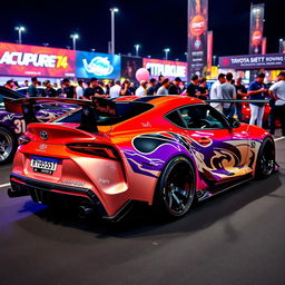 A modified Toyota Supra, showcasing its iconic design enhanced with aggressive body kits, a wide stance, and custom paintwork that contrasts bold colors and intricate graphics