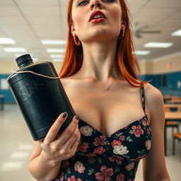 A close-up torso shot of a gorgeous female redhead with a large chest, wearing a floral pattern sundress