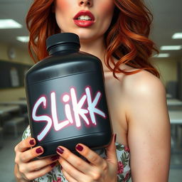 A close-up torso shot of a gorgeous female redhead with a large chest, wearing a floral pattern sundress