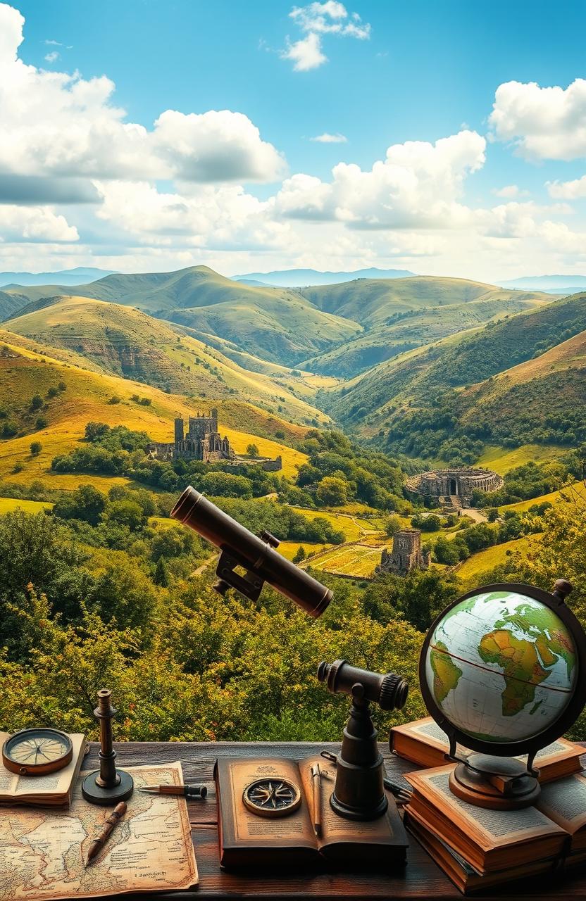 A detailed scene depicting the intersection of history and geography, featuring an ancient map overlay on a lush, vibrant landscape