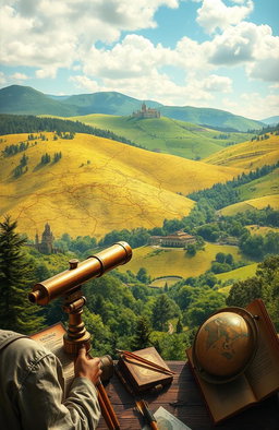 A detailed scene depicting the intersection of history and geography, featuring an ancient map overlay on a lush, vibrant landscape