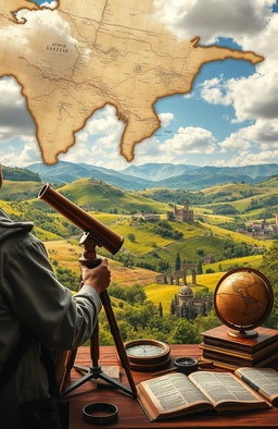 A detailed scene depicting the intersection of history and geography, featuring an ancient map overlay on a lush, vibrant landscape