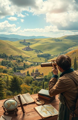 A detailed scene depicting the intersection of history and geography, featuring an ancient map overlay on a lush, vibrant landscape