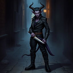 A tiefling rogue standing confidently, wearing sleek black clothing that accentuates their agile physique