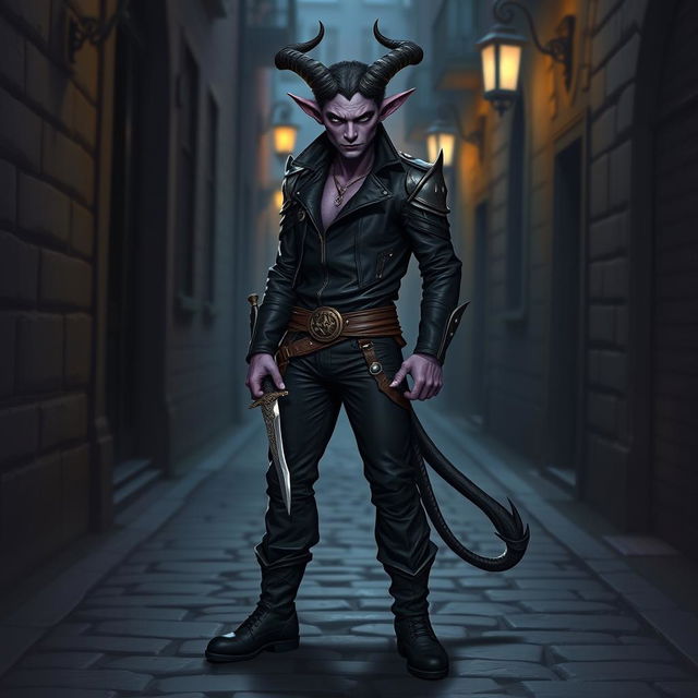 A tiefling rogue standing confidently, wearing sleek black clothing that accentuates their agile physique