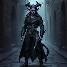 A tiefling rogue standing confidently, wearing sleek black clothing that accentuates their agile physique