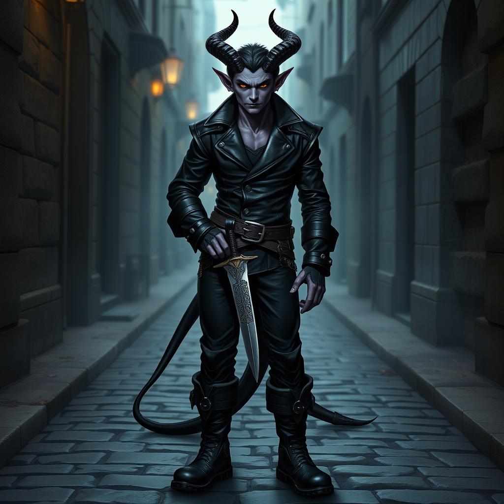 A tiefling rogue standing confidently, wearing sleek black clothing that accentuates their agile physique