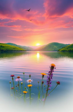 A serene landscape featuring a beautiful sunset over a calm lake, with vibrant oranges and pinks reflecting on the water's surface