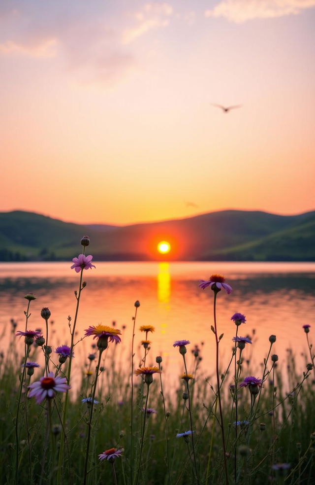 A serene landscape featuring a beautiful sunset over a calm lake, with vibrant oranges and pinks reflecting on the water's surface