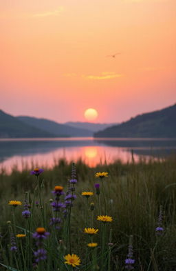 A serene landscape featuring a beautiful sunset over a calm lake, with vibrant oranges and pinks reflecting on the water's surface
