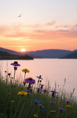 A serene landscape featuring a beautiful sunset over a calm lake, with vibrant oranges and pinks reflecting on the water's surface