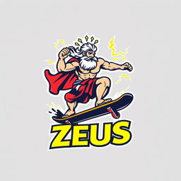 A bold and dynamic logo design featuring Zeus, the Greek god, depicted riding a skateboard with thunderbolts crackling around him