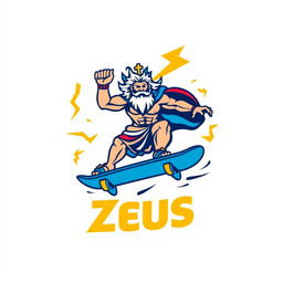 A bold and dynamic logo design featuring Zeus, the Greek god, depicted riding a skateboard with thunderbolts crackling around him
